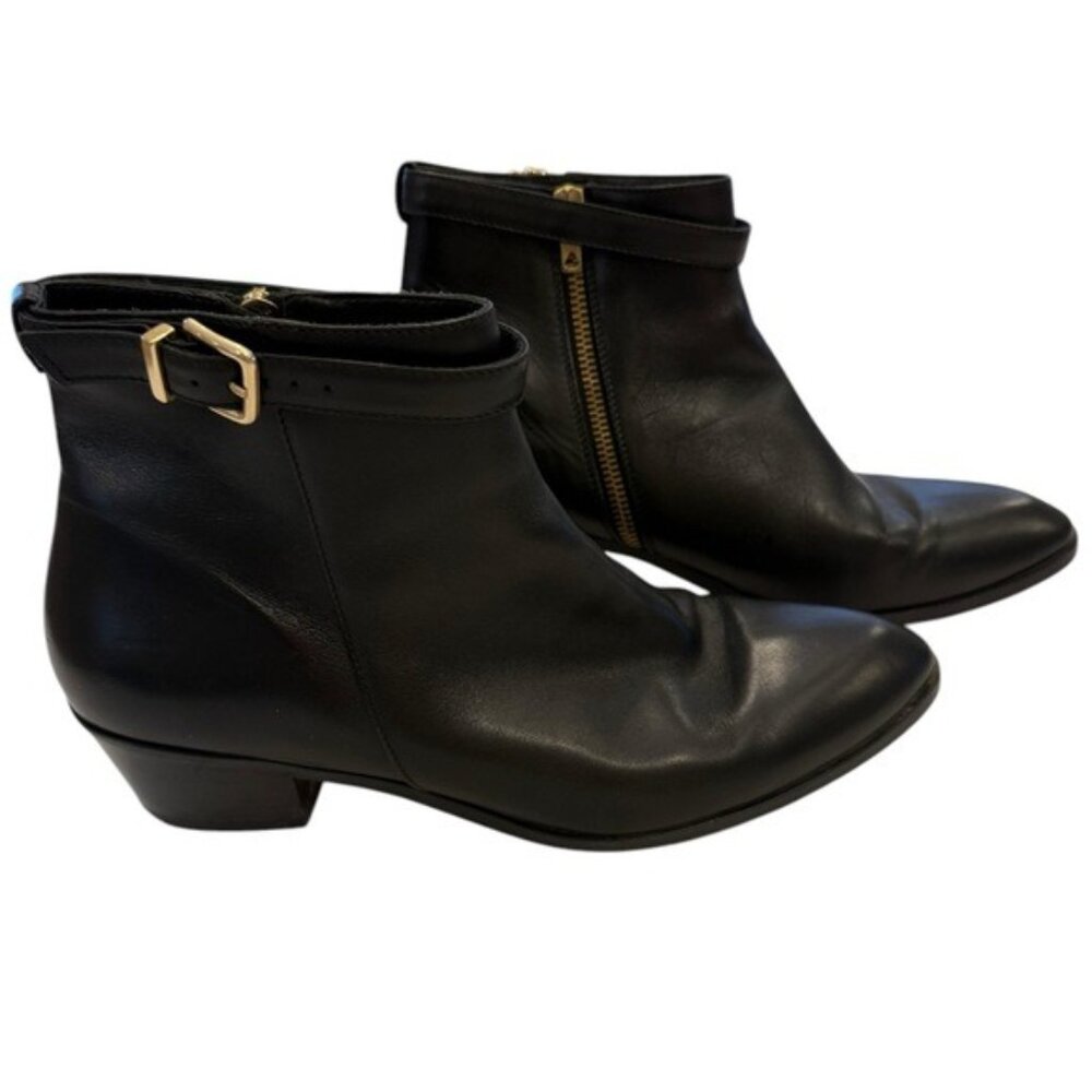 J Crew Womens Heeled Italian Leather Bootie Black Side Zip With Buckle Size 9.5